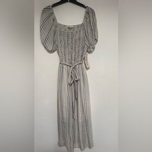 Boho Striped Puff Sleeve Midi Dress